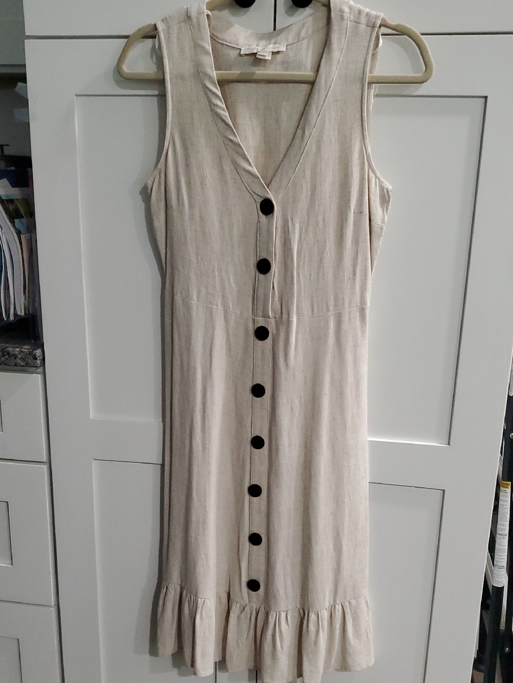 Sleeveless Cream Button-Front Midi Dress with Ruffle Hem